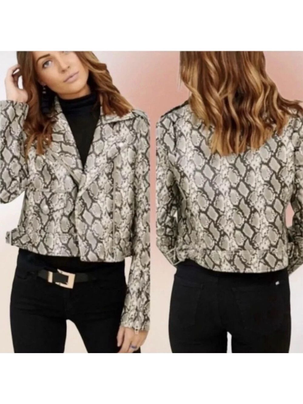 Blank NYC Faux Leather Moto Jacket Women’s XS Gray Scale Snakeskin Print
